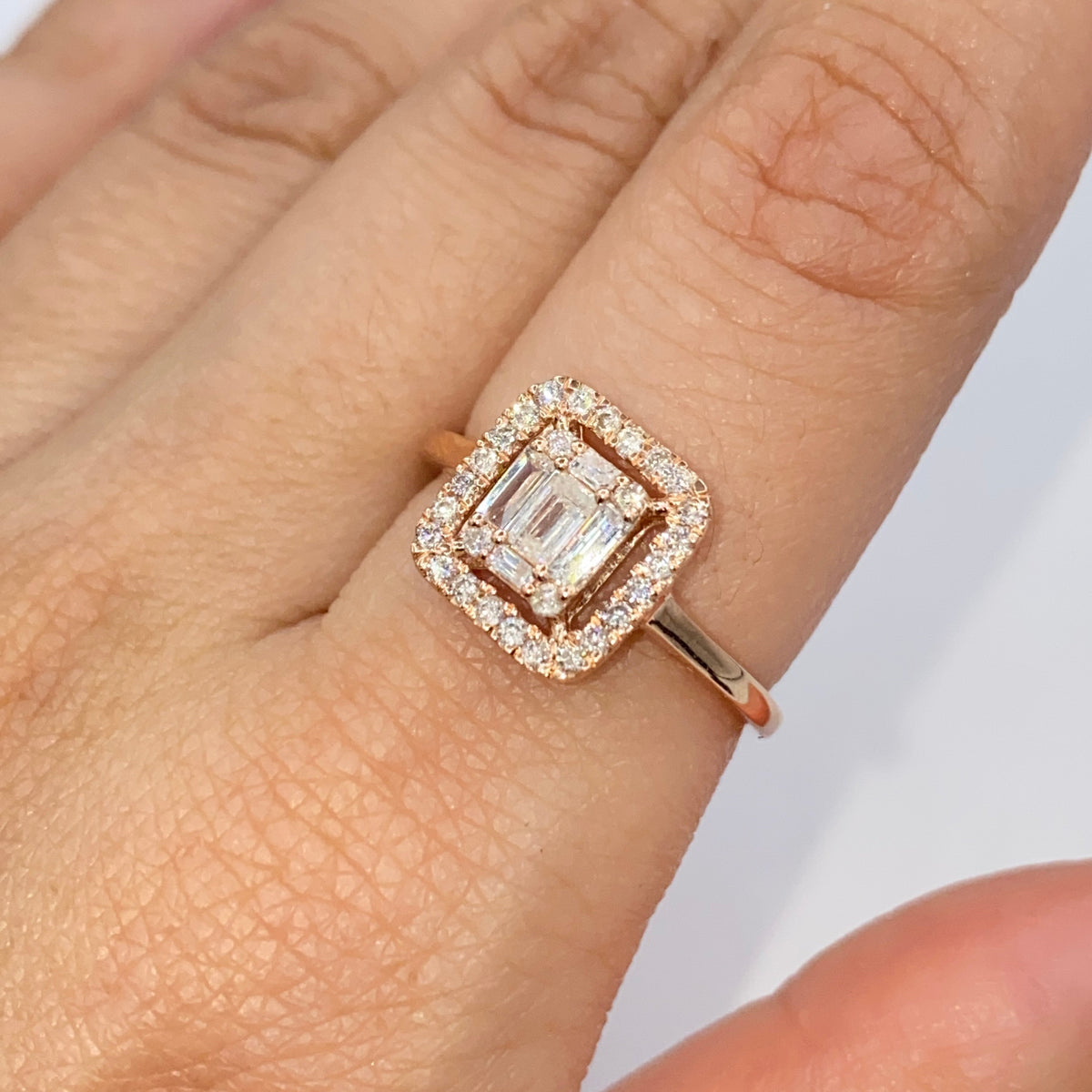 14K Gold Palace Square Halo Diamond Baguette Engagement Ring in rose gold, Large - close-up product photo