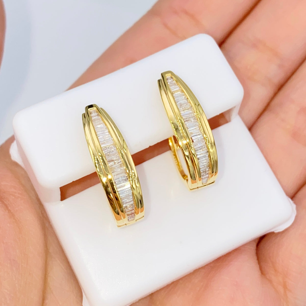 14K Gold Diamond Baguette Hoop Earrings in yellow gold - close-up product photo