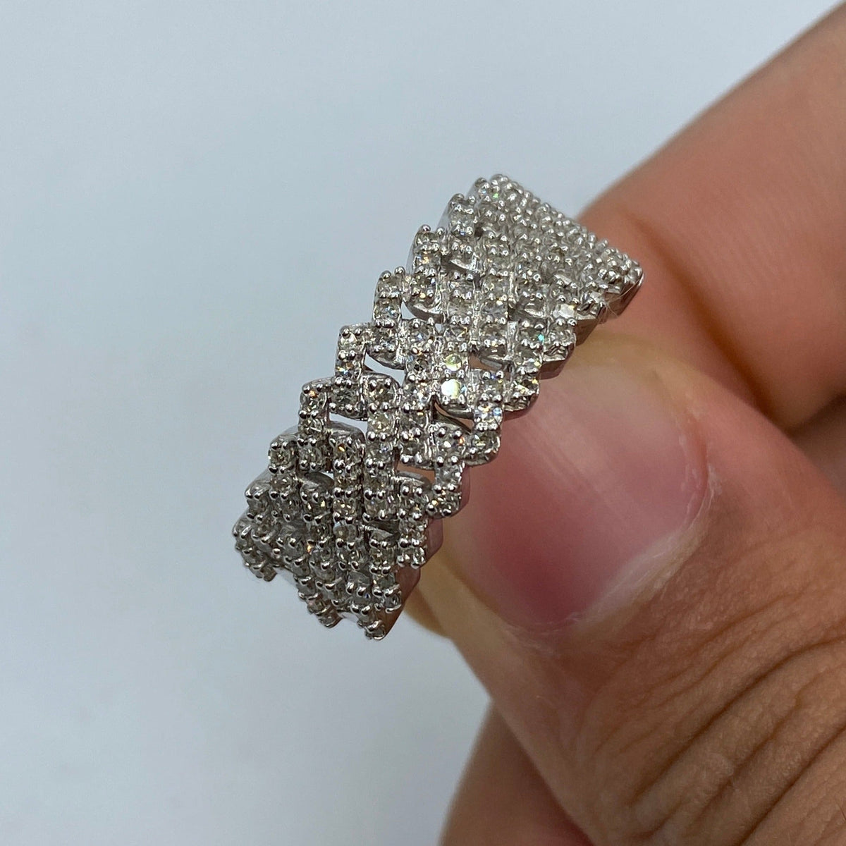 10K Gold Double Cuban Link Diamond Ring in white gold - close-up product photo