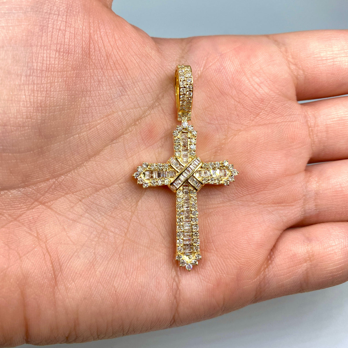 14K Gold Diamond Latin Cross Pendant in yellow gold - close-up product photo