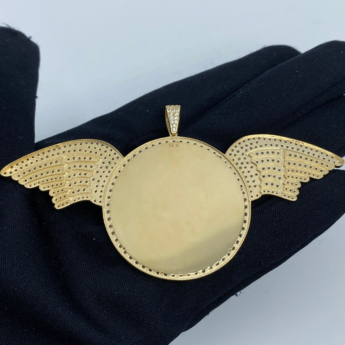 14K Gold Circle Angel Wings Picture Photo CZ Pendant - additional product view 4