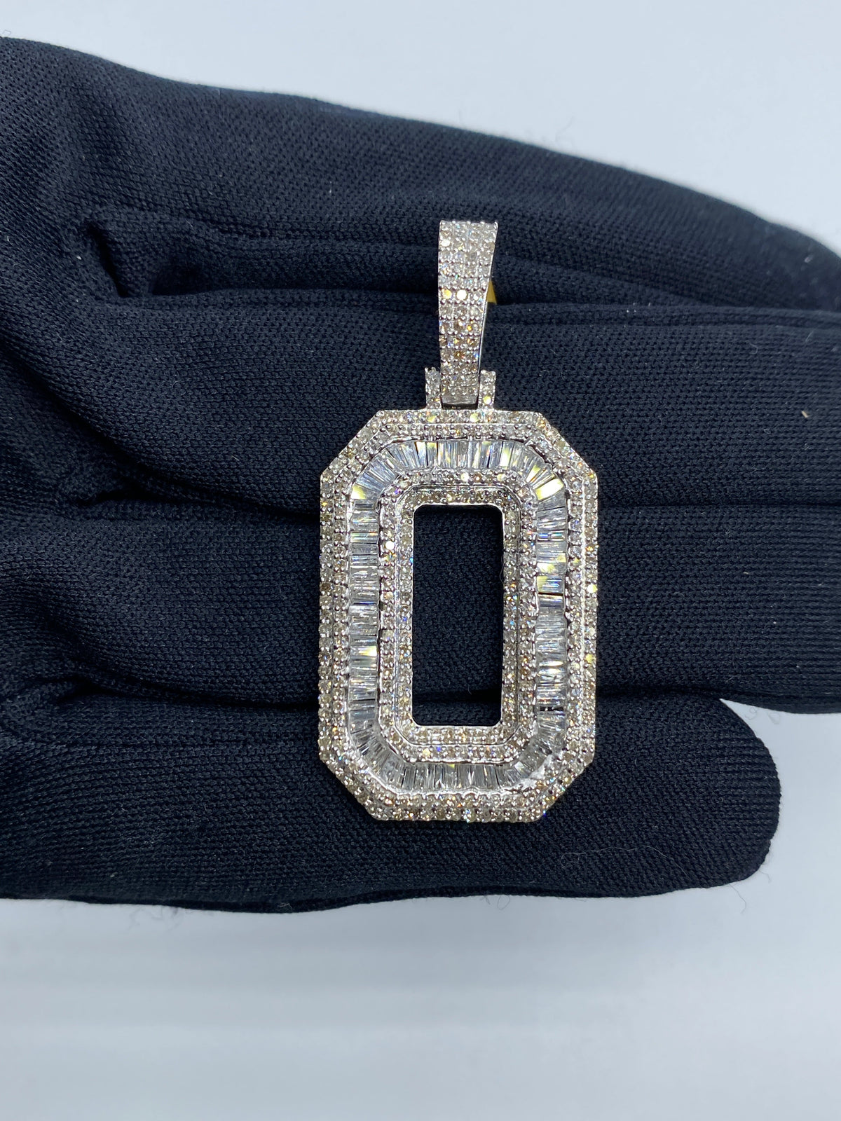 Initial O Baguette Diamond Pendant in white - close-up product photo