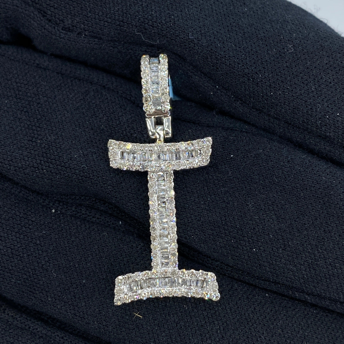 14K Gold Bamboo Initial Letter Diamond Baguette Pendants Full Collection in white gold, Small - close-up product photo