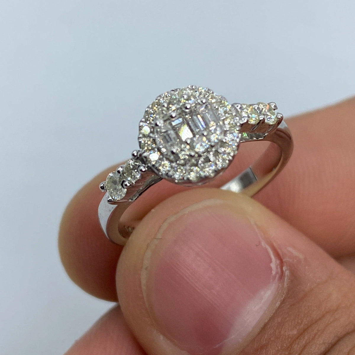 14K Gold Circle Diamond Baguette Engagement Ring in white gold - close-up product photo
