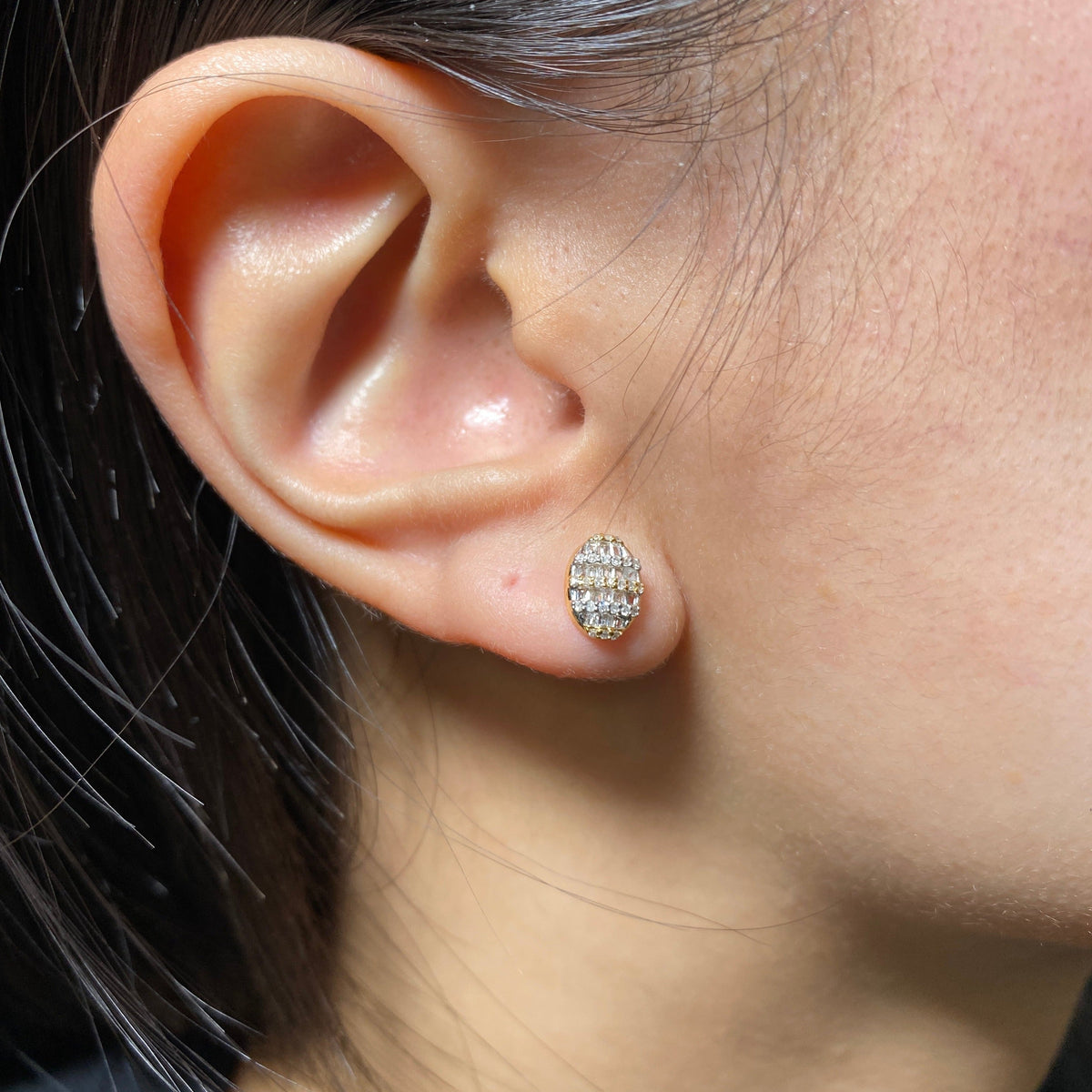 14K Gold Small Oval Stacked Diamond Baguette Earrings - additional product view 6