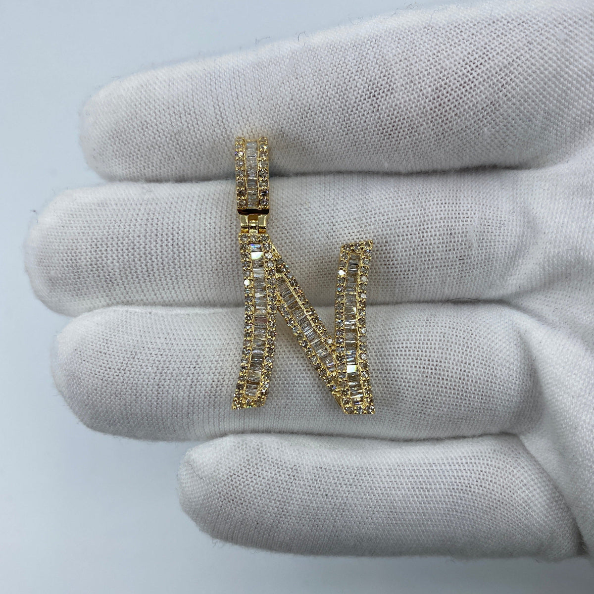 14K Gold Initial N Diamond Baguette Pendant in yellow gold, Large - close-up product photo