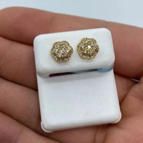 14K Gold Small 3D Flower Diamond Earrings in yellow gold - close-up product photo