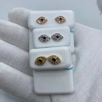 14K Gold Blue Center Stone Evil Eye Diamond Earrings - main product photo