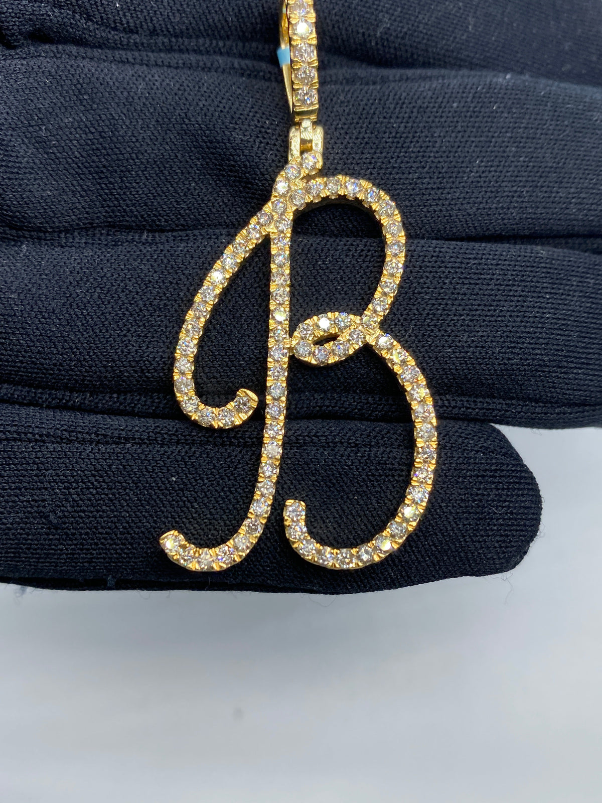 14K Gold Initial B Large Script Diamond Pendant in yellow gold - close-up product photo