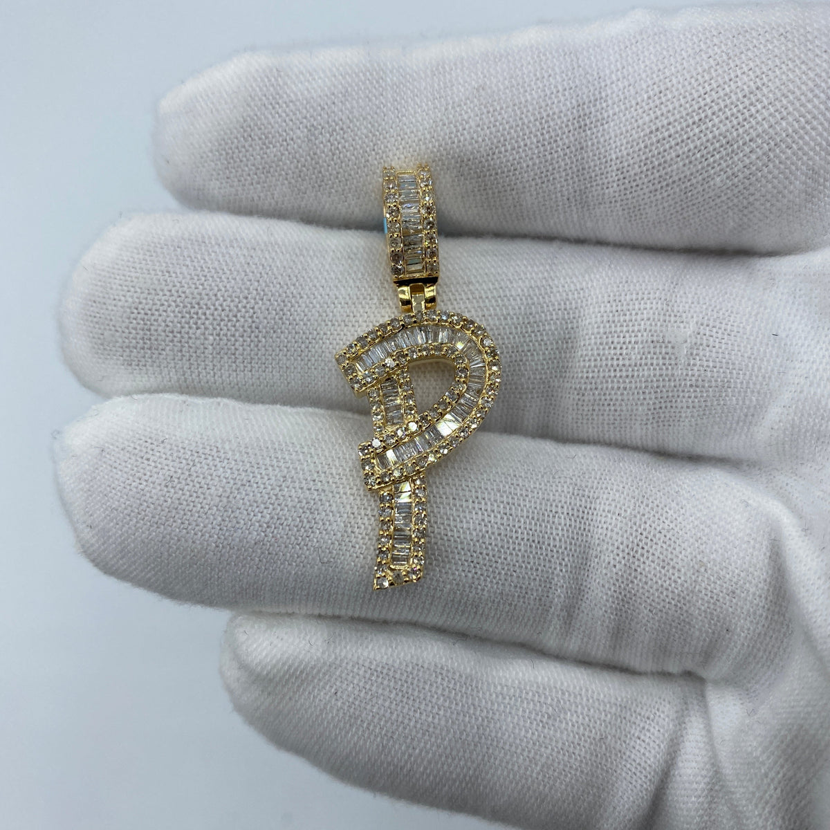 14K Gold Initial P Diamond Baguette Pendant in yellow gold, Large - close-up product photo