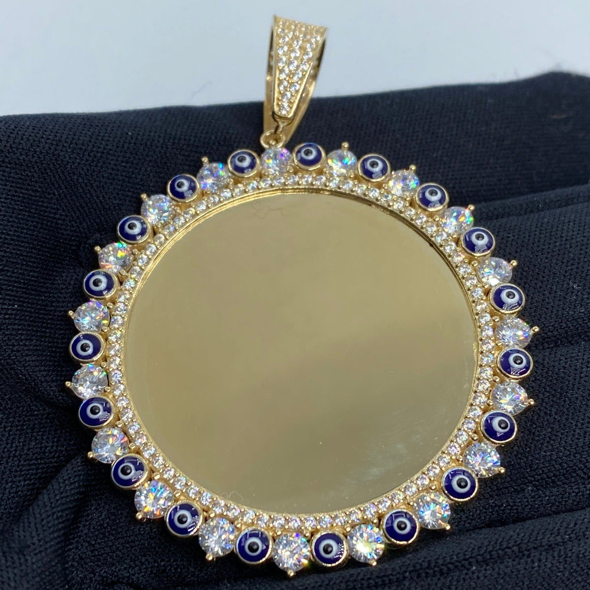 14K Gold Evil Eyes Picture Photo CZ Pendant - additional product view 2
