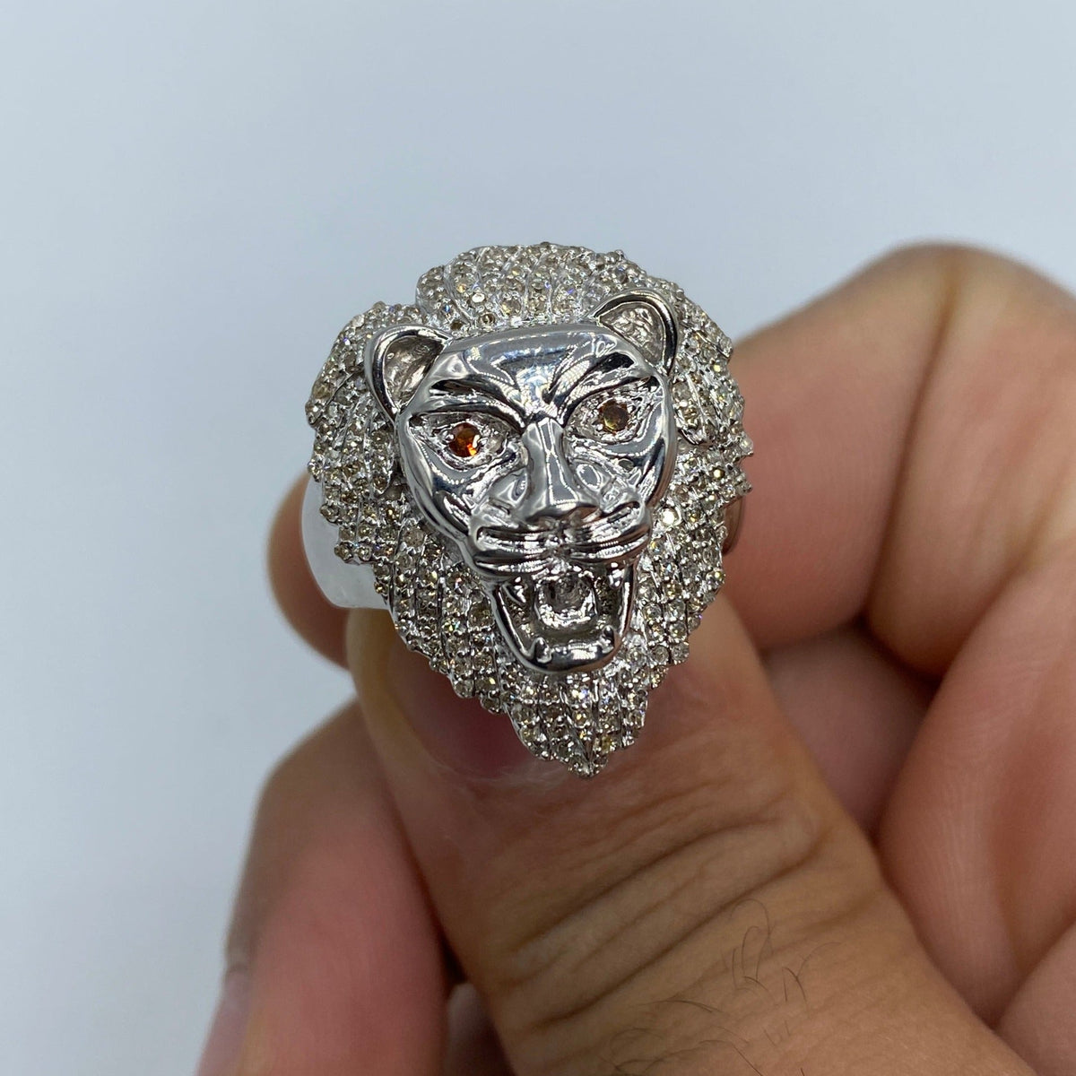 10K Gold Jeweled Lion Diamond Ring in white gold - close-up product photo