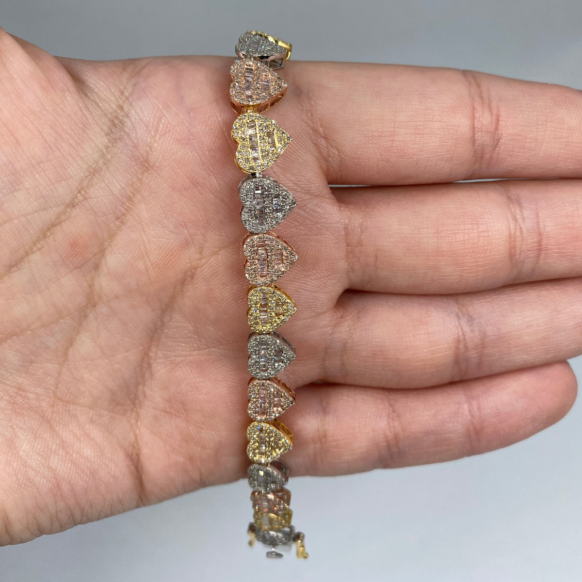 10K Gold 9mm Multi-Color Hearts Link Diamond Baguette Bracelet 6.5-7.5 in tri-tone (white yellow rose), 6.5" - close-up product photo