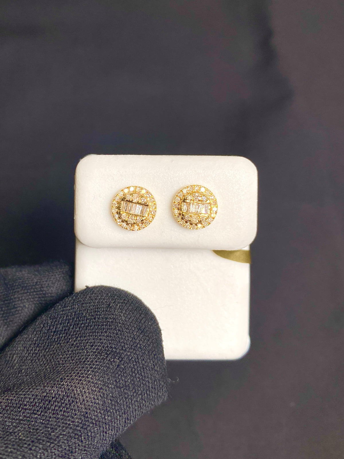 10K Gold Titan Circle Baguette Diamond Earrings in yellow gold - close-up product photo