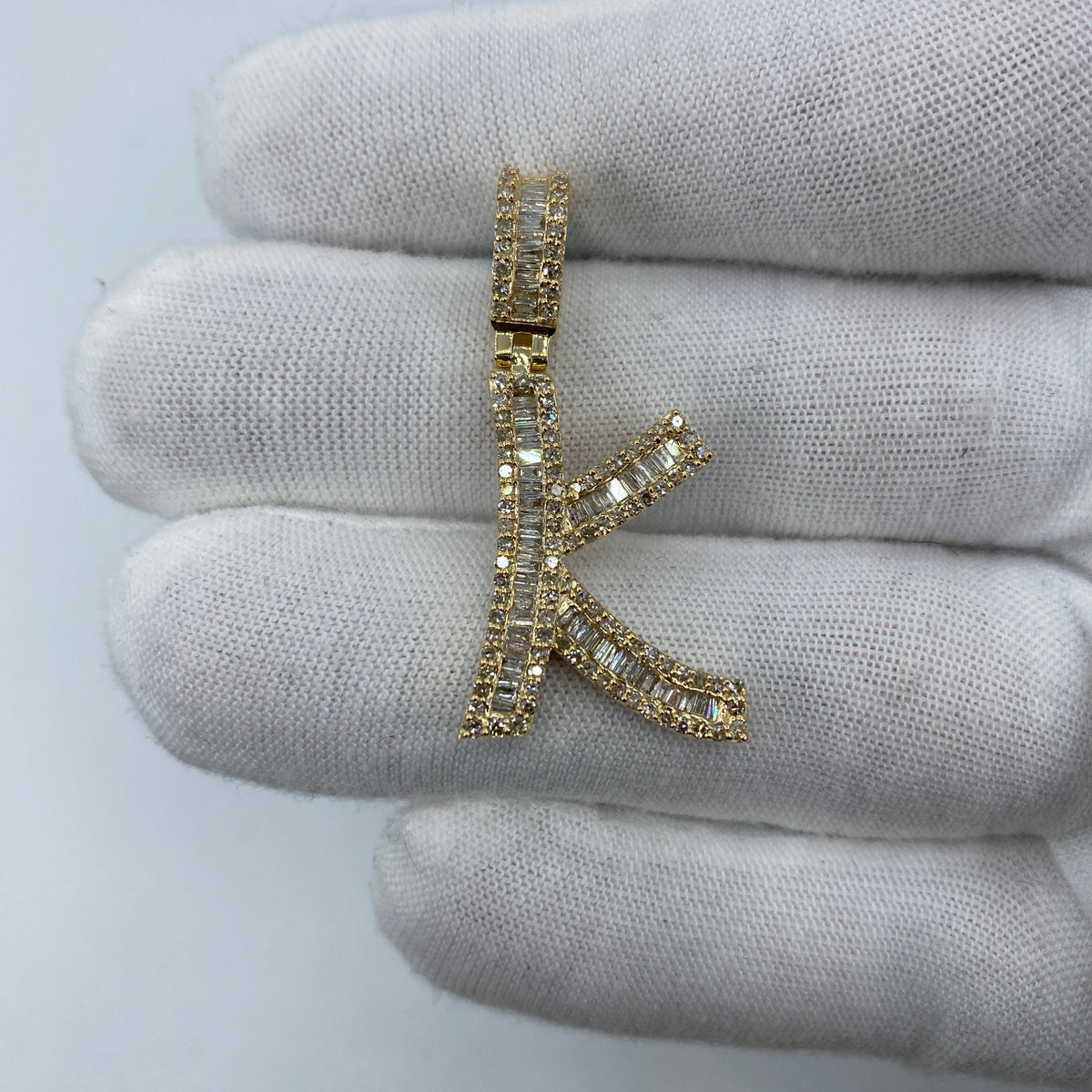 14K Gold Initial K Diamond Baguette Pendant in yellow gold, Large - close-up product photo