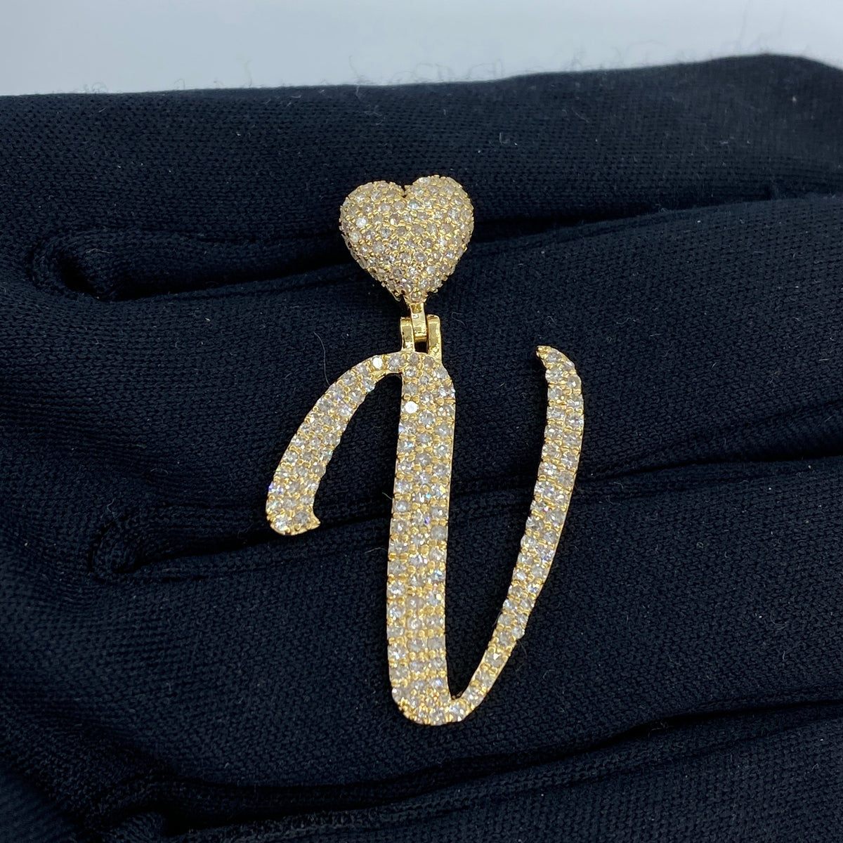 14K Gold Script Initial Letter Heart Diamond Pendants Full Collection in yellow gold - close-up product photo