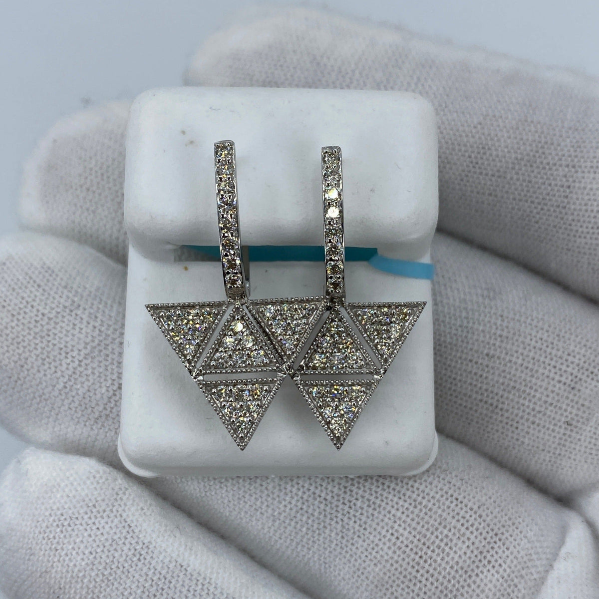 14K Gold Hanging Pyramid Triangle Dangling Diamond Earrings - additional product view 2