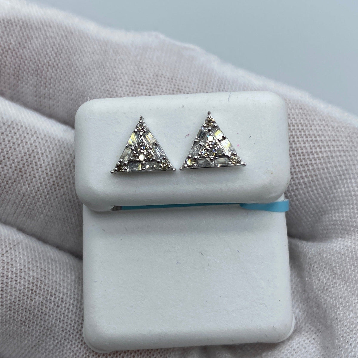 14K Gold Equilateral Triangle Diamond Baguette Earrings in white gold - close-up product photo