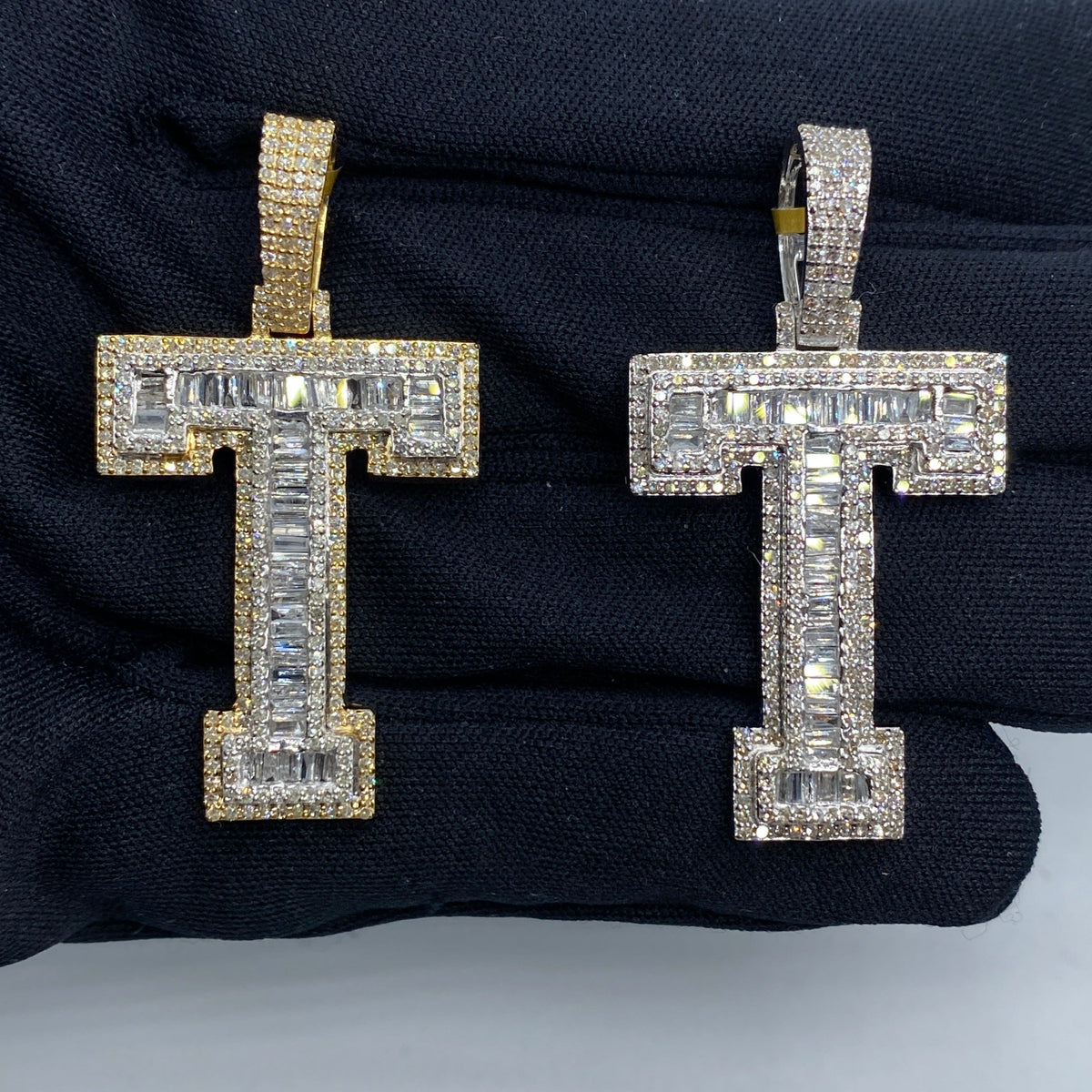 10K Gold Varsity Initial Letter Diamond Baguette Pendants Full Collection in yellow gold - close-up product photo