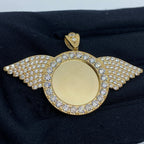 14K Gold Circle Angel Wings Picture Photo CZ Pendant - additional product view 2