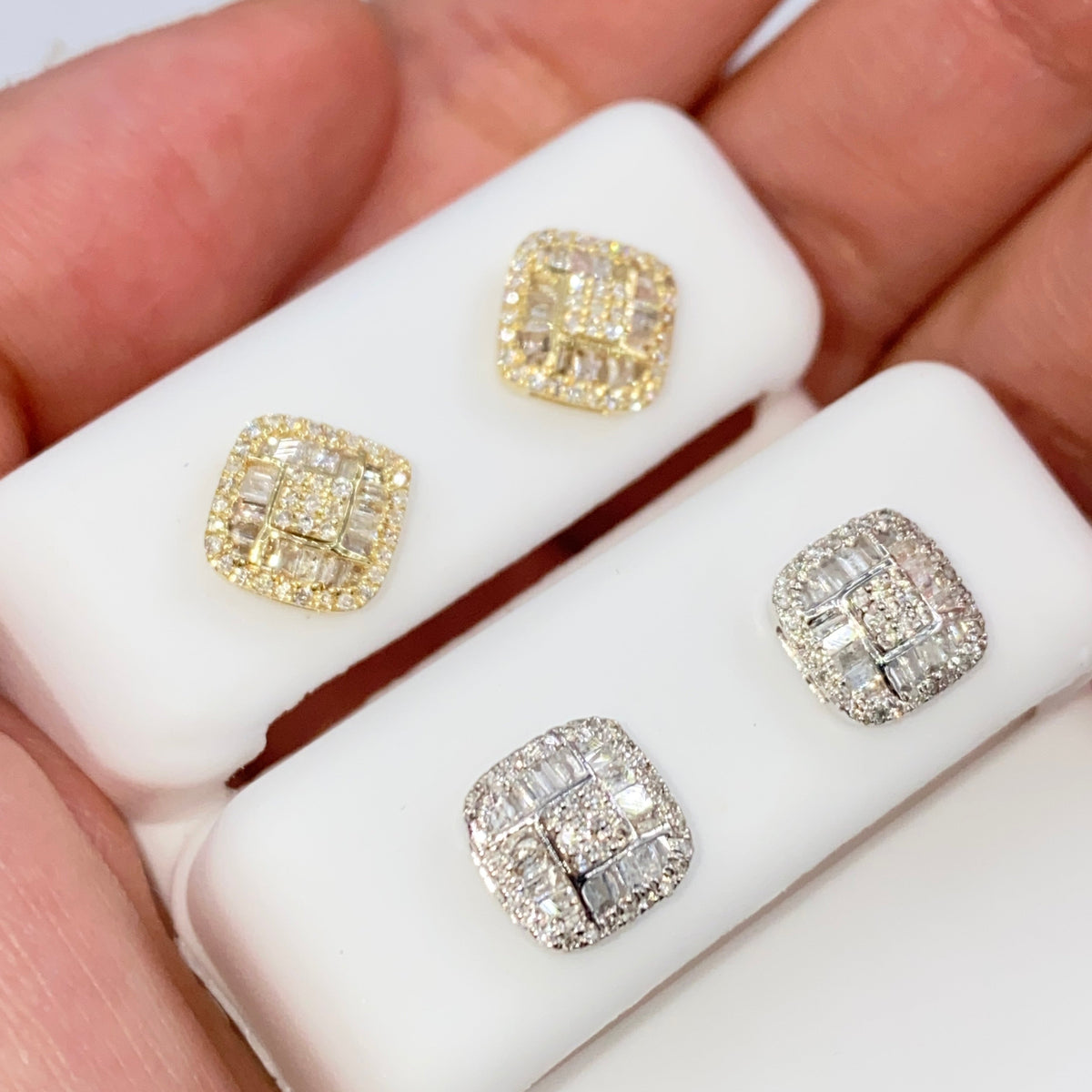 14K Gold 8mm Rounded Square Diamond Baguette Earrings - additional product view 2