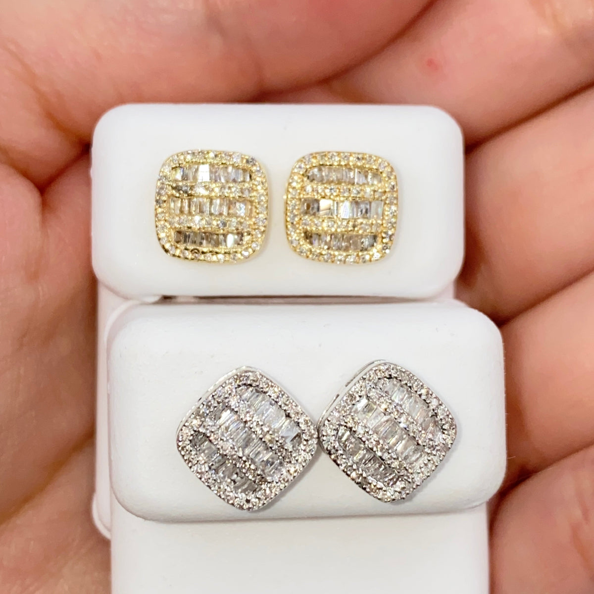 14K Gold 8.7mm Rounded Square Baguette Diamond Earrings - additional product view 2