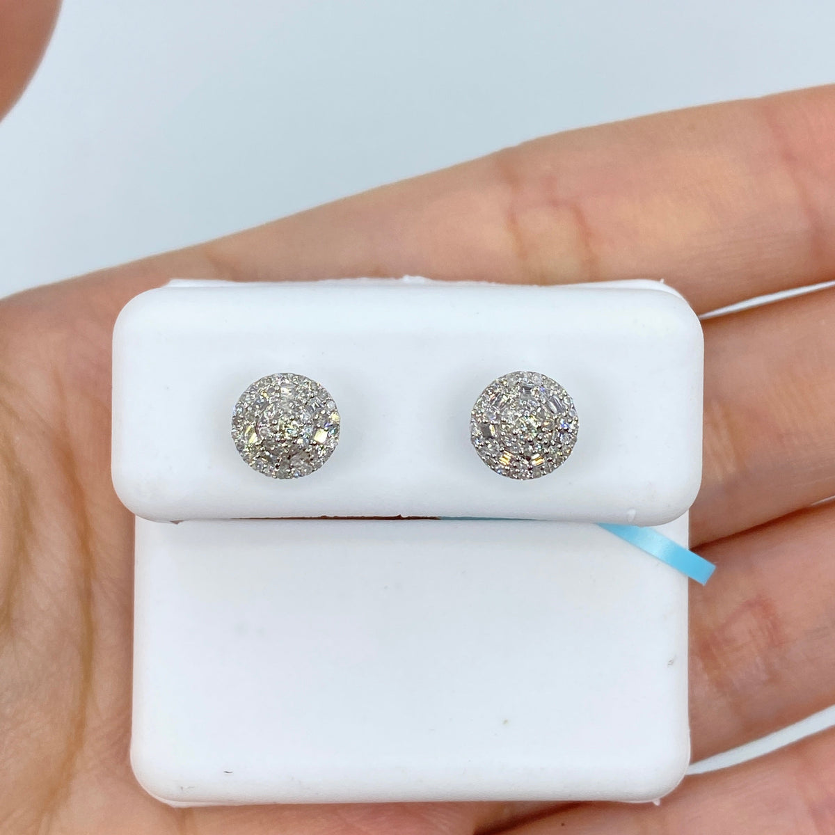 14K Gold 3D Circle Halo Diamond Baguette Earrings in white gold - close-up product photo