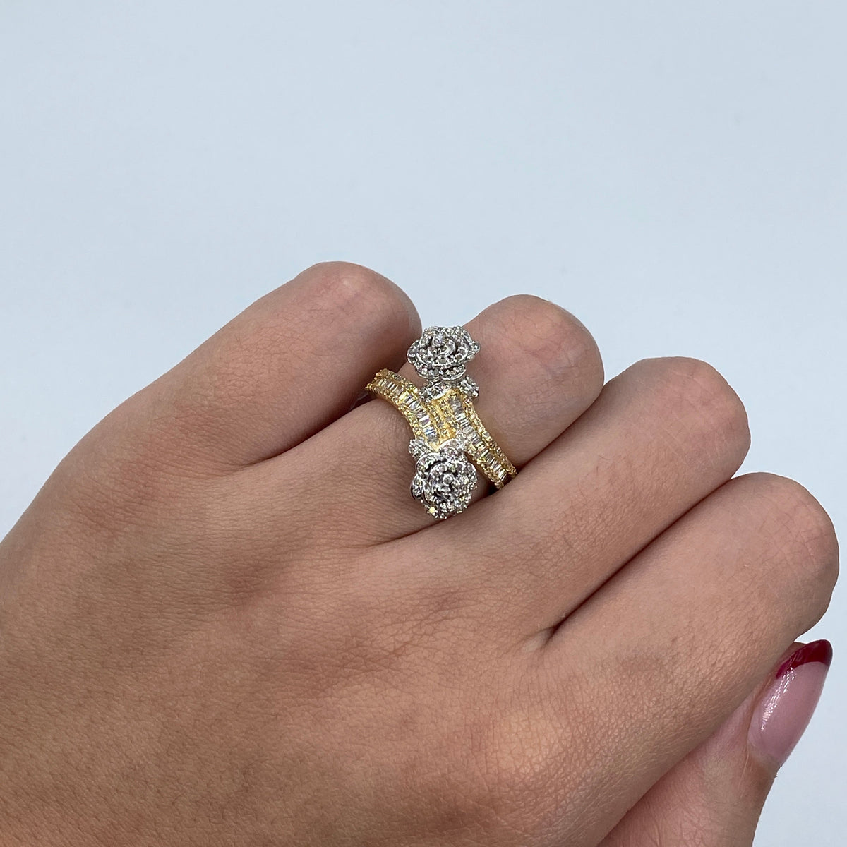 14K Gold Two-Tone Flower Diamond Baguette Bangle Ring in two-tone (white & gold) - close-up product photo