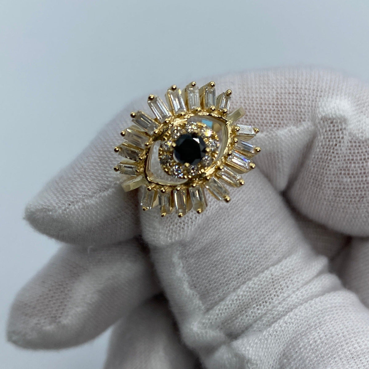 14K Gold Lady Evil Eye Baguette Diamond Ring in yellow gold - close-up product photo