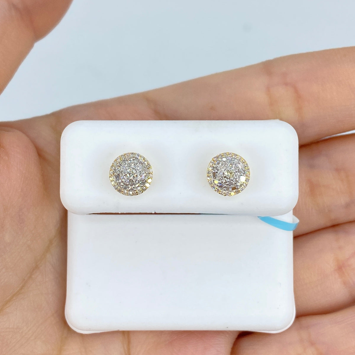 14K Gold 3D Circle Halo Diamond Baguette Earrings in yellow gold - close-up product photo