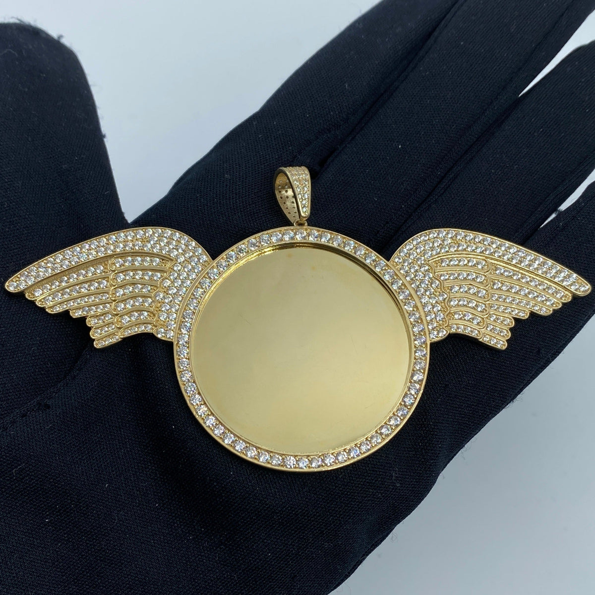 14K Gold Circle Angel Wings Picture Photo CZ Pendant - additional product view 2