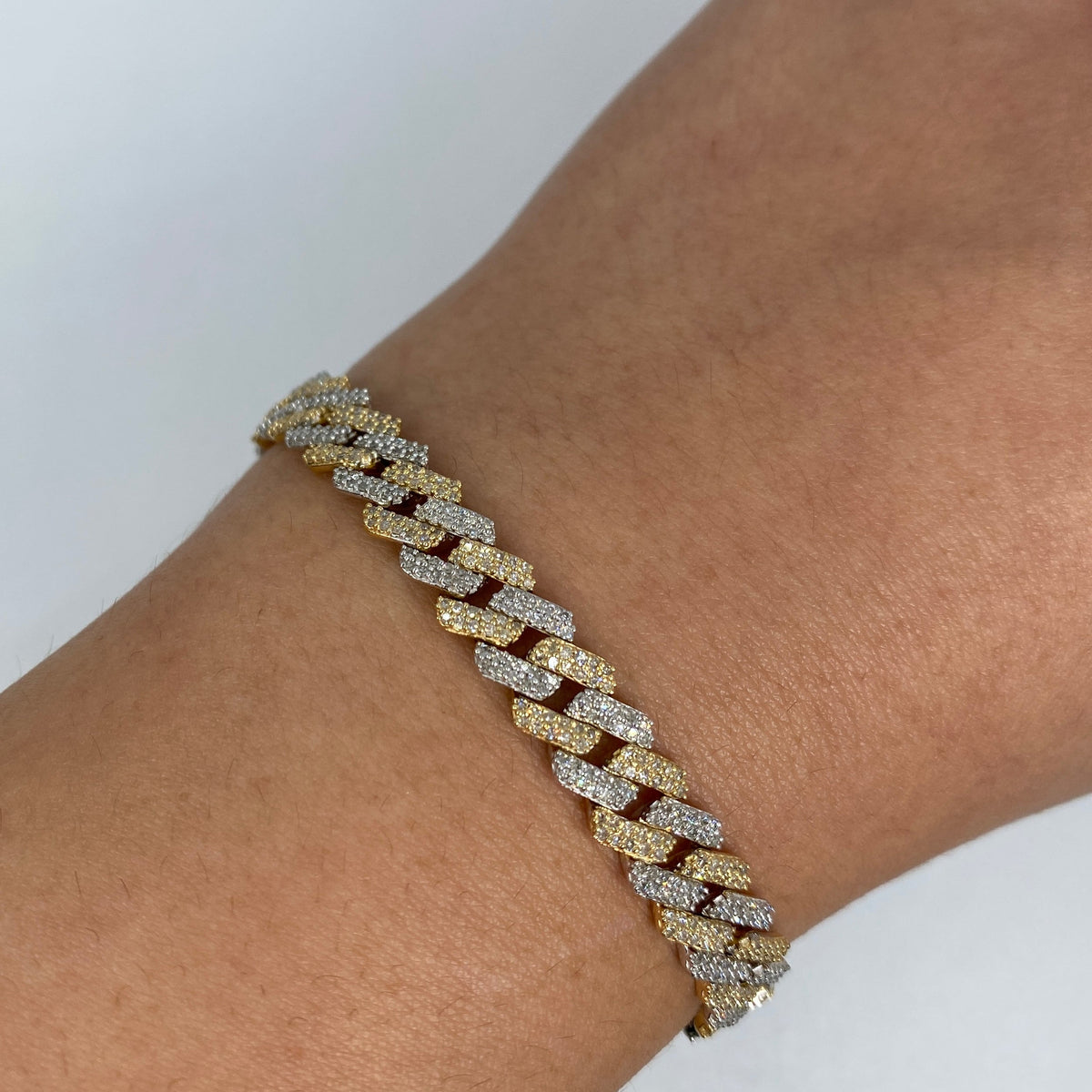 10K Gold 8mm Cuban Link Diamond Bracelet 7–8 in in two-tone (white & yellow), 7" - close-up product photo