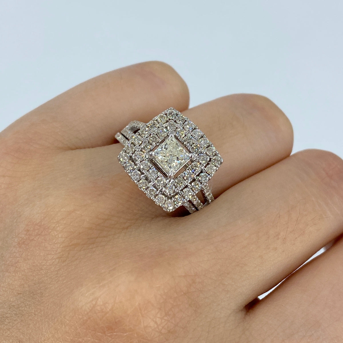 14K Gold Square Halo Baguette Center Stone Engagement Diamond Ring in white gold - close-up product photo