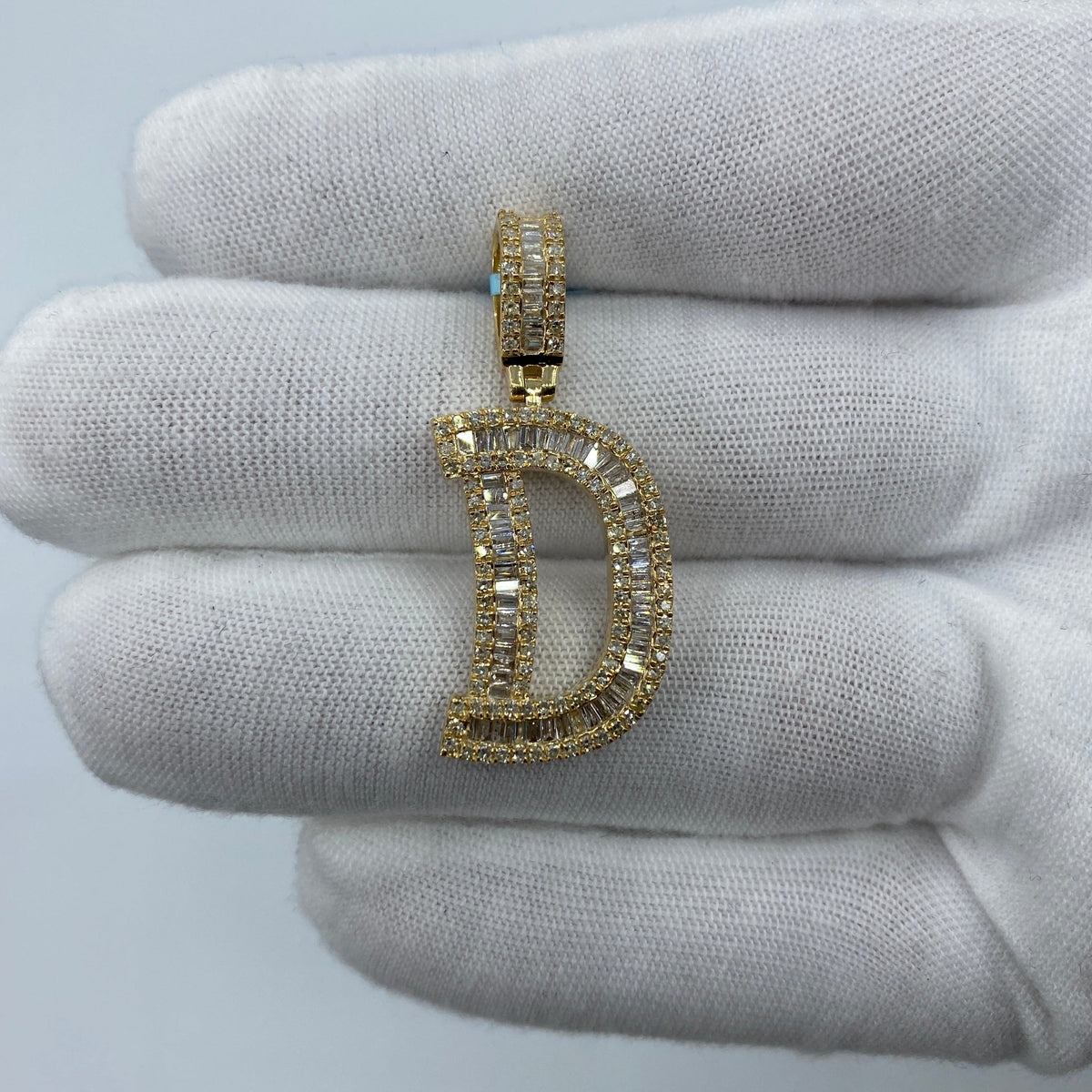 14K Gold Initial D Diamond Baguette Pendant in yellow gold, Large - close-up product photo