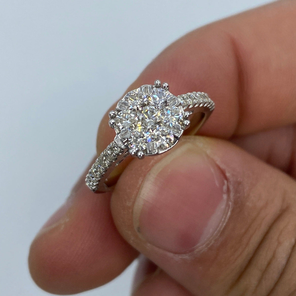 14K Gold Large Flower Diamond Engagement Ring in white gold - close-up product photo