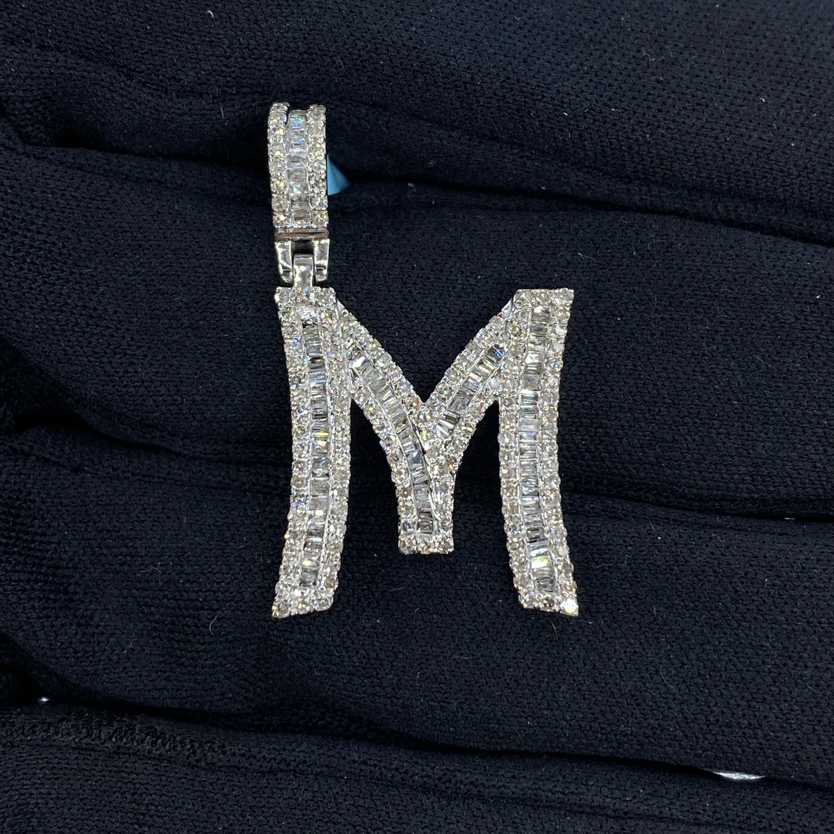 14K Gold Initial M Diamond Baguette Pendant in white gold, Small - close-up product photo