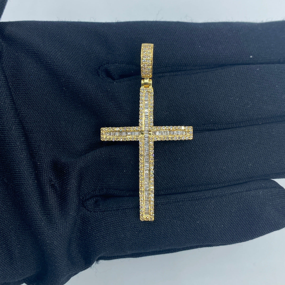 14K Gold Latin Cross Diamond Baguette Pendant in yellow gold - close-up product photo