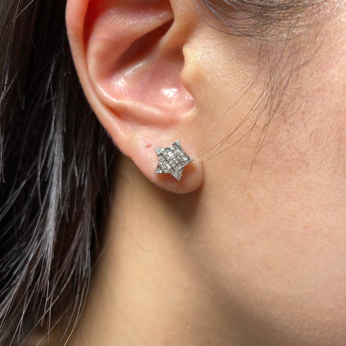 14K Gold Star Stacked Diamond Baguette Earrings - additional product view 5