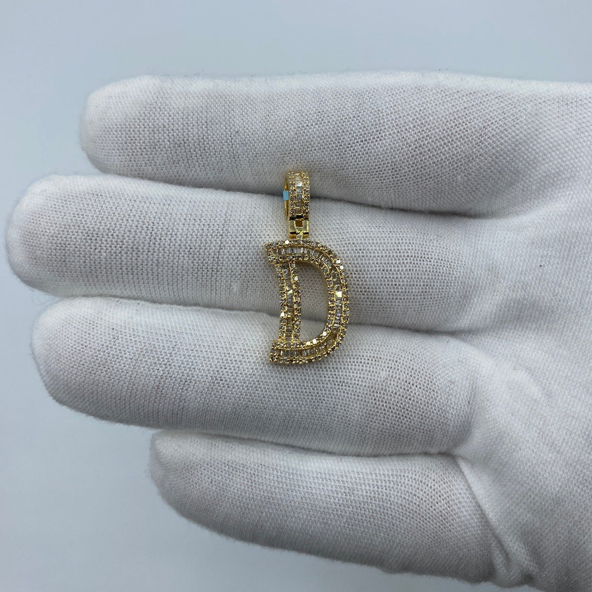 14K Gold Initial D Diamond Baguette Pendant in yellow gold, Small - close-up product photo