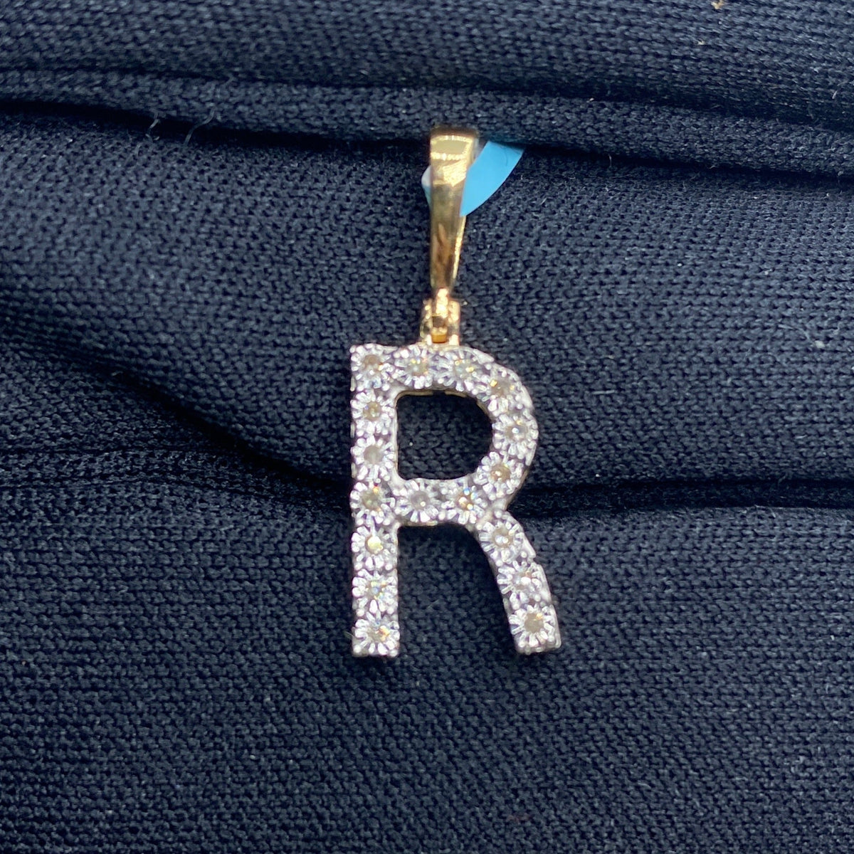 14K Gold Single Stone Initial R Diamond Pendant, Small - close-up product photo