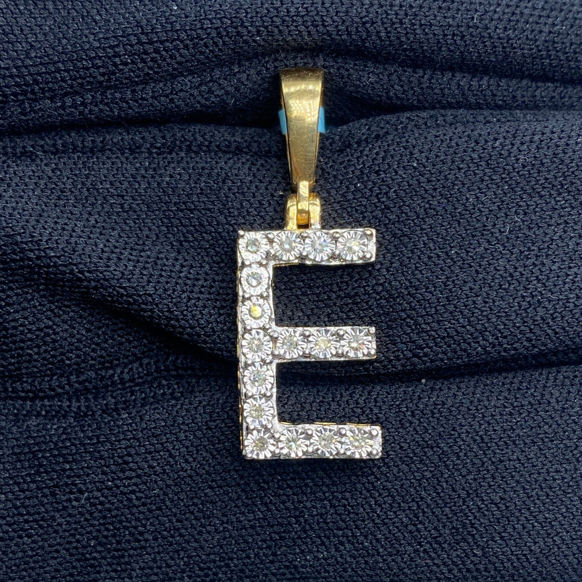 14K Gold Single Stone Initial E Diamond Pendant, Large - close-up product photo