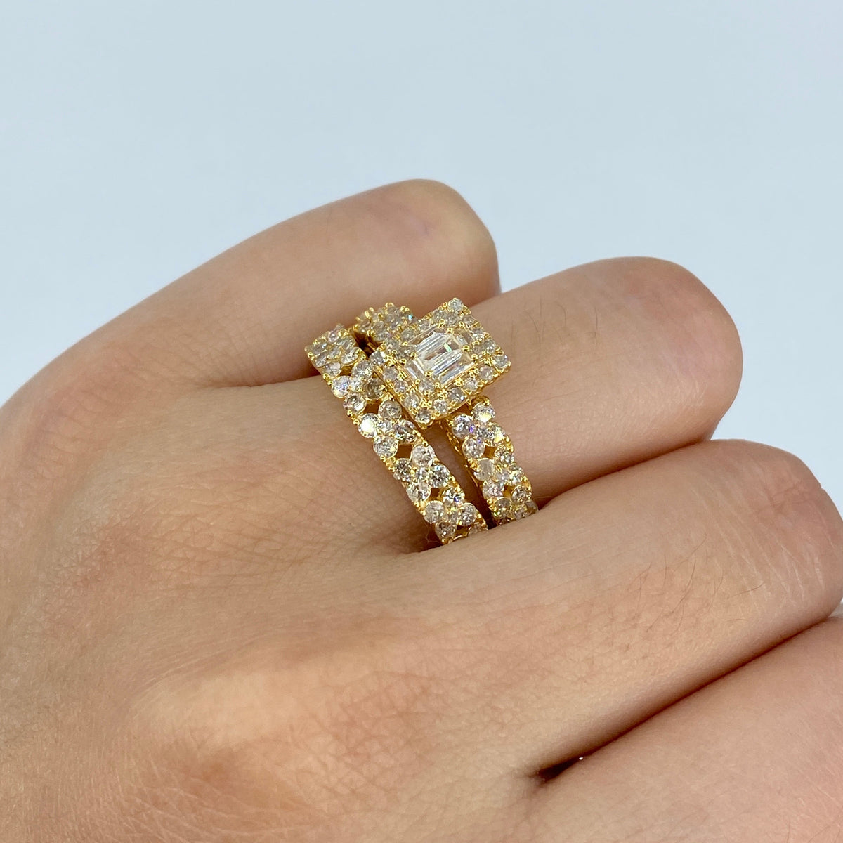 14K Gold Square Diamond Baguette Engagement Ring with Stack Band in yellow gold - close-up product photo