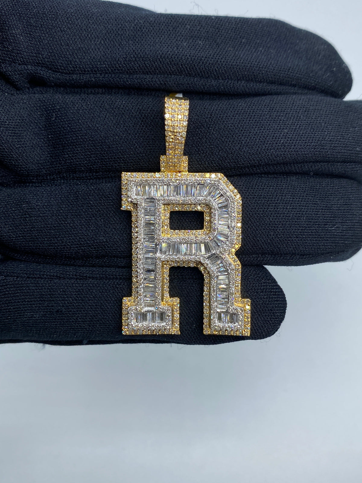Initial R Baguette Diamond Pendant in yellow - close-up product photo
