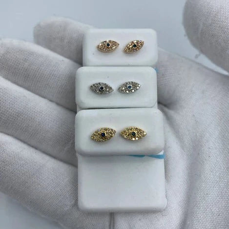 14K Gold Teal Center Stone Evil Eye Diamond Earrings - additional product view 2