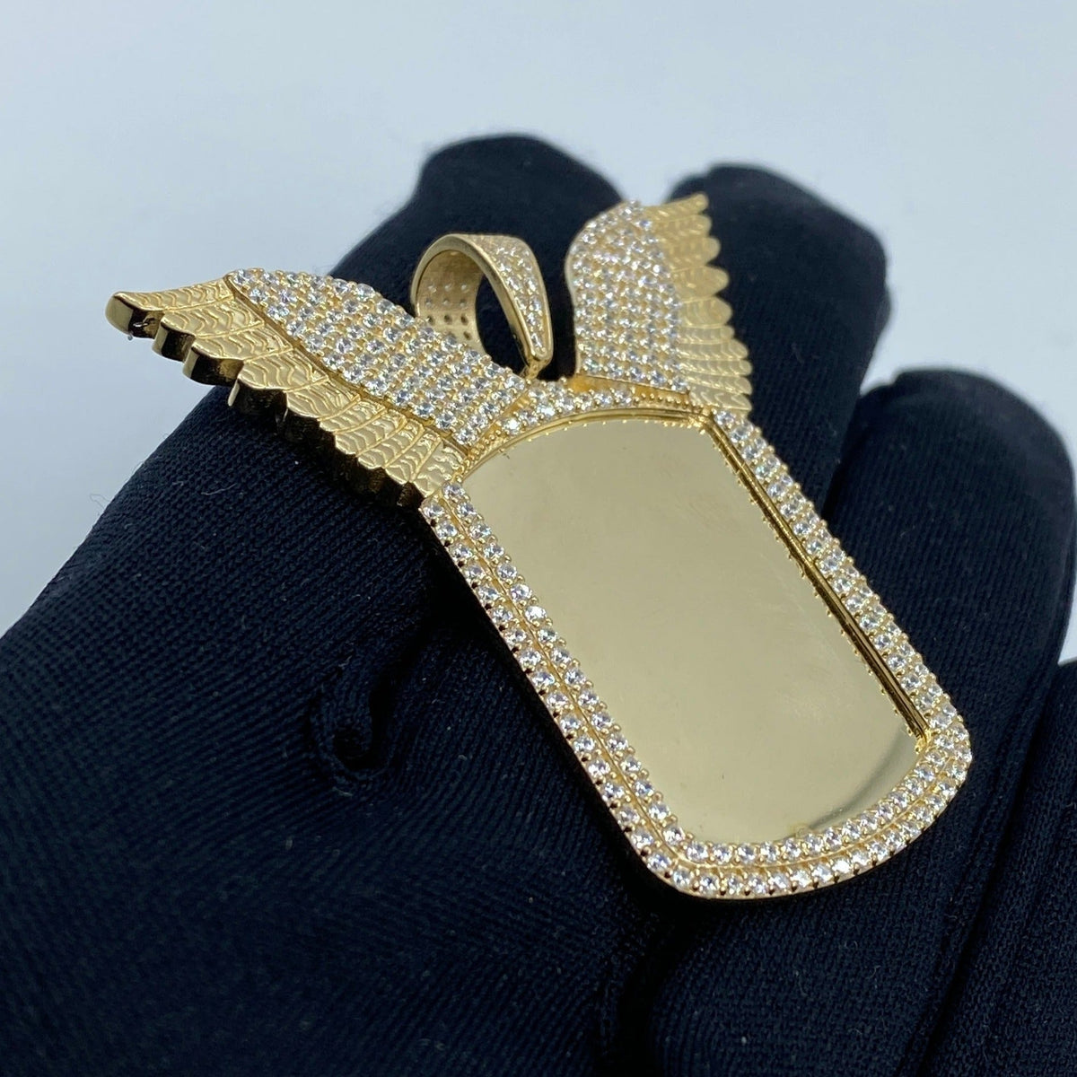 14K Gold Rectangle Angel Wings Picture Photo CZ Pendant - additional product view 3