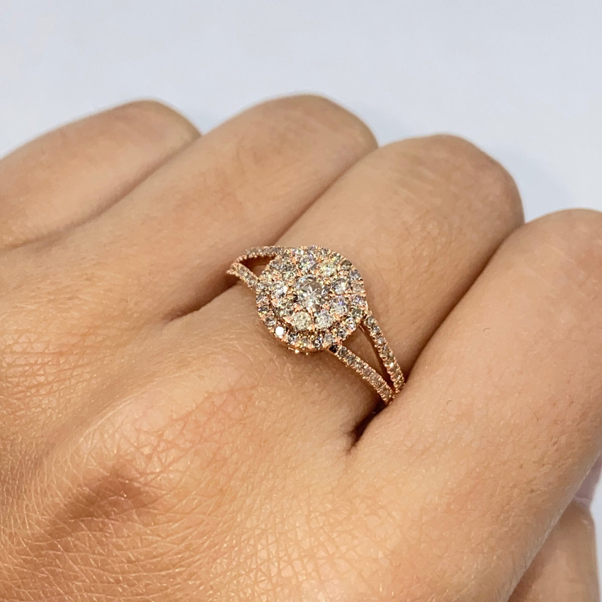 14K Gold Double Halo Circle Diamond Engagement Ring in rose gold - close-up product photo