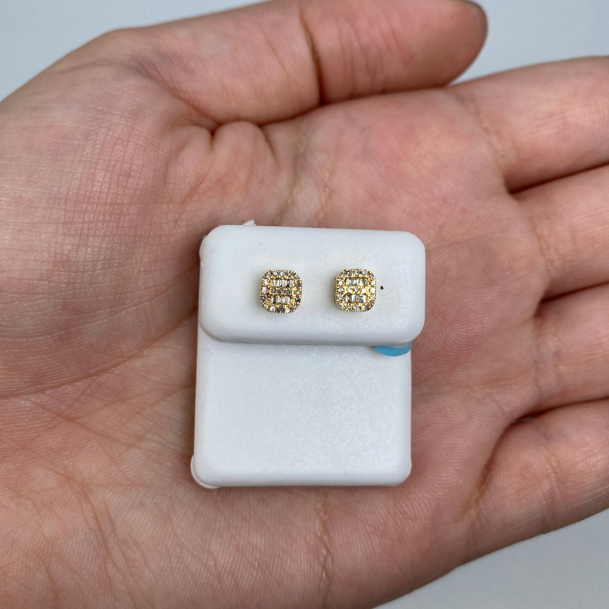 14K Gold Square Rounded Diamond Baguette Rows Earrings in yellow gold - close-up product photo