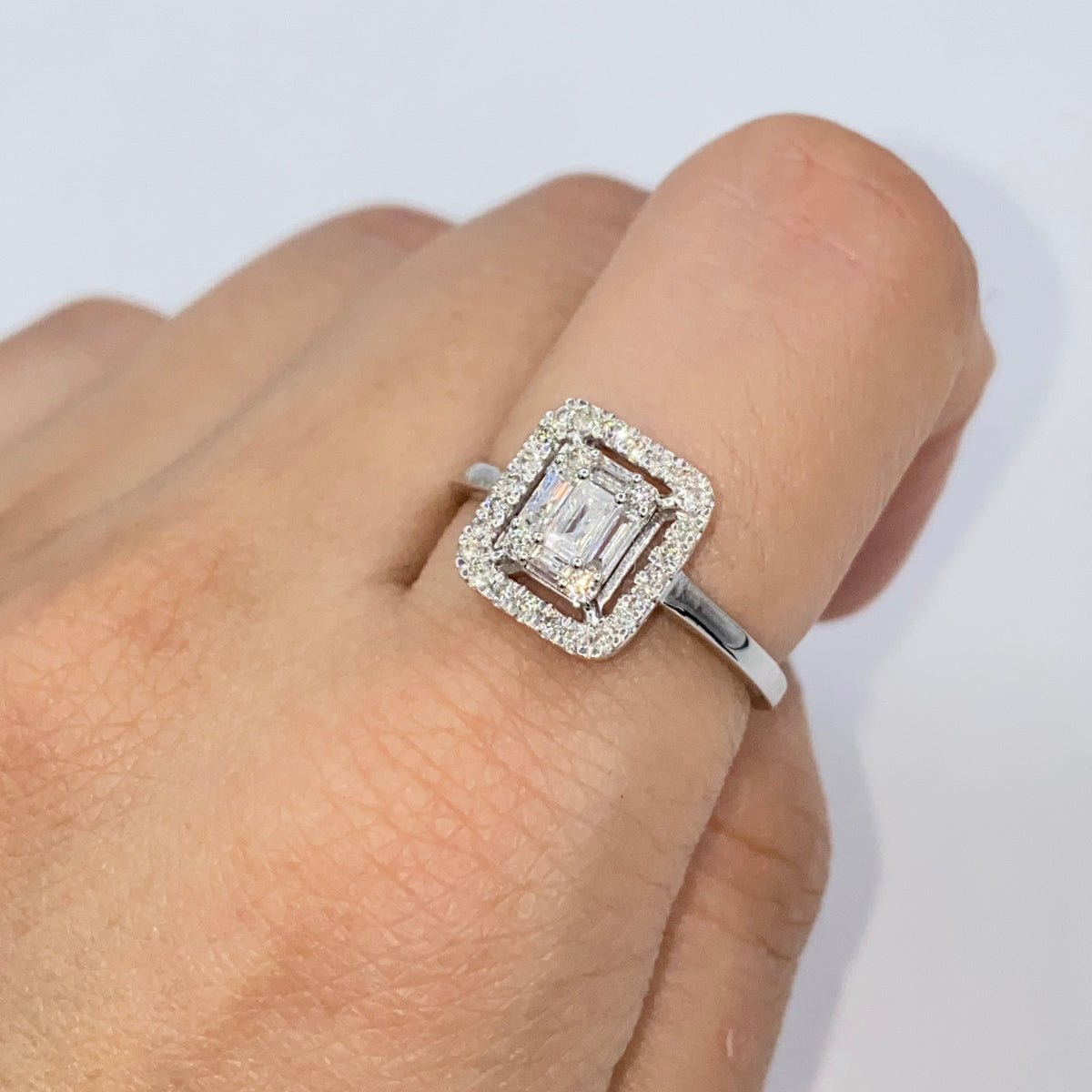 14K Gold Palace Square Halo Diamond Baguette Engagement Ring in white gold, Large - close-up product photo