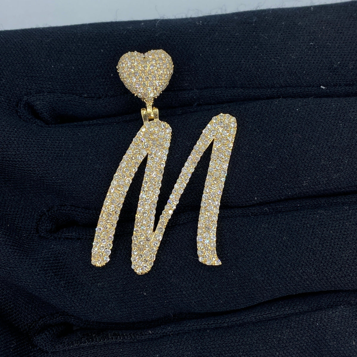 14K Gold Script Initial Letter Heart Diamond Pendants Full Collection in yellow gold - close-up product photo