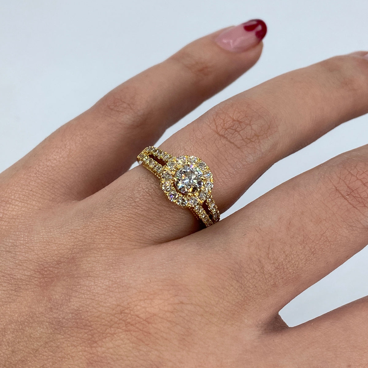 14K Gold Adore Halo Circle Diamond Engagement Ring in yellow gold - close-up product photo